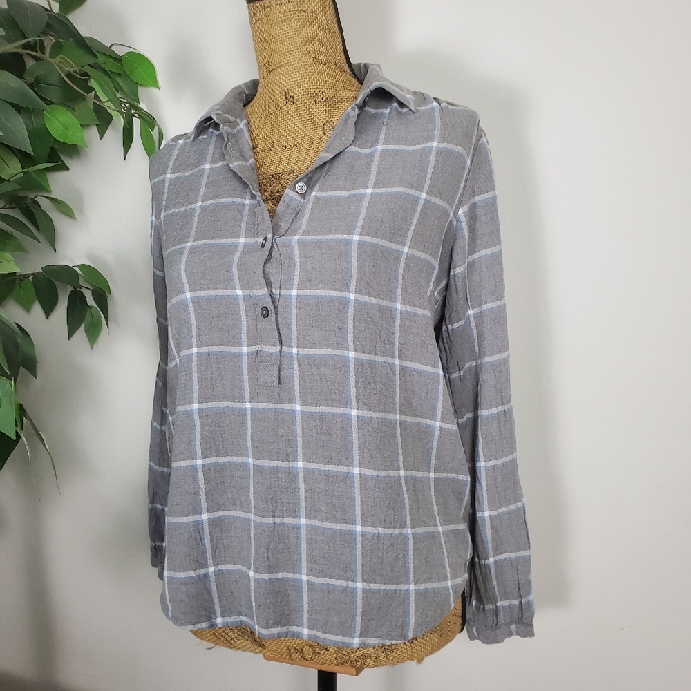 LOFT Gray Plaid 1/4 Button Down Top Women's Extra Small